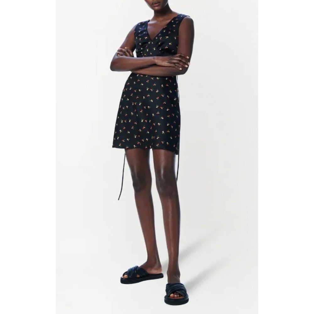 Victoria Beckham Ditsy Floral Print Mini Dress Black V Neck Size 2